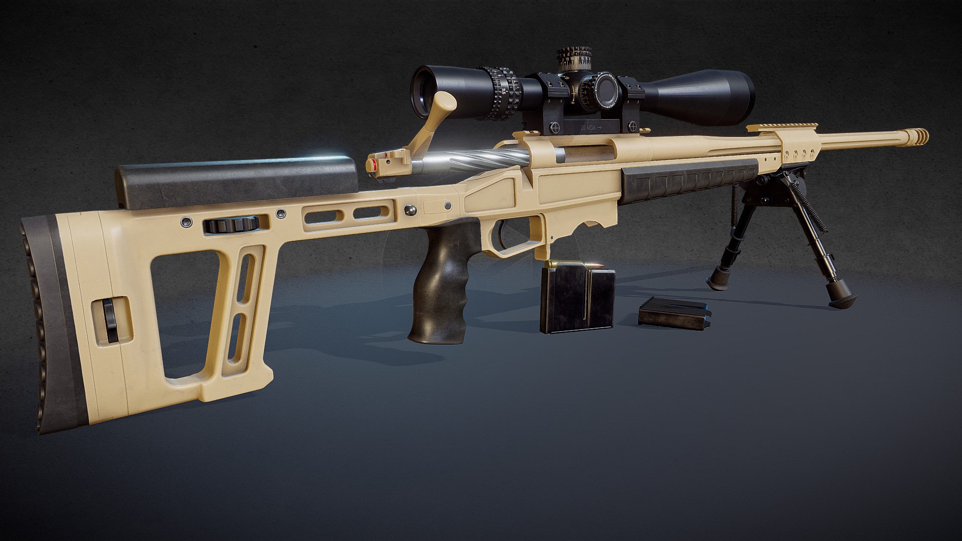 Model of high precision sniper rifle ORSIS T-5000. Caliber 7,62×51

Proper real world scale

High quality and high resolution PBR textures

All movable parts are made in separate elements and are ready for rigging and animation

There is a possibility to remove attachments and replace them with others if necessary (sight, bipod, magazine, etc.)

The model was created in Blender, but can be easily transferred to any 3d software and adapted to any visualization system.

Triangles:

Rifle - 10605

Rifle butt - 5129

Additional Rail - 2814

Shutter - 1817

Sniper scope - 5840

Sniper scope Bracket - 3964

Magazine - 702

Shell and bullet - 774

Bipod - 27428

PBR textures:

BaseColor;

Metallic;

Roughness;

Normal;

AO;

Opacity;

In the textures, some inscriptions were removed or replaced due to copyright. If you need to show them or need to make some changes, please contact me topssspot@gmail.com 
I can also provide unitypackage for HDRP. If you need it please let me know 3d model
