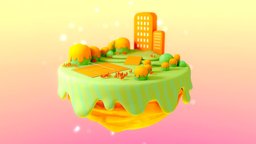 geo_Room_1 world, kitty, island, unlit, yellow, 3d