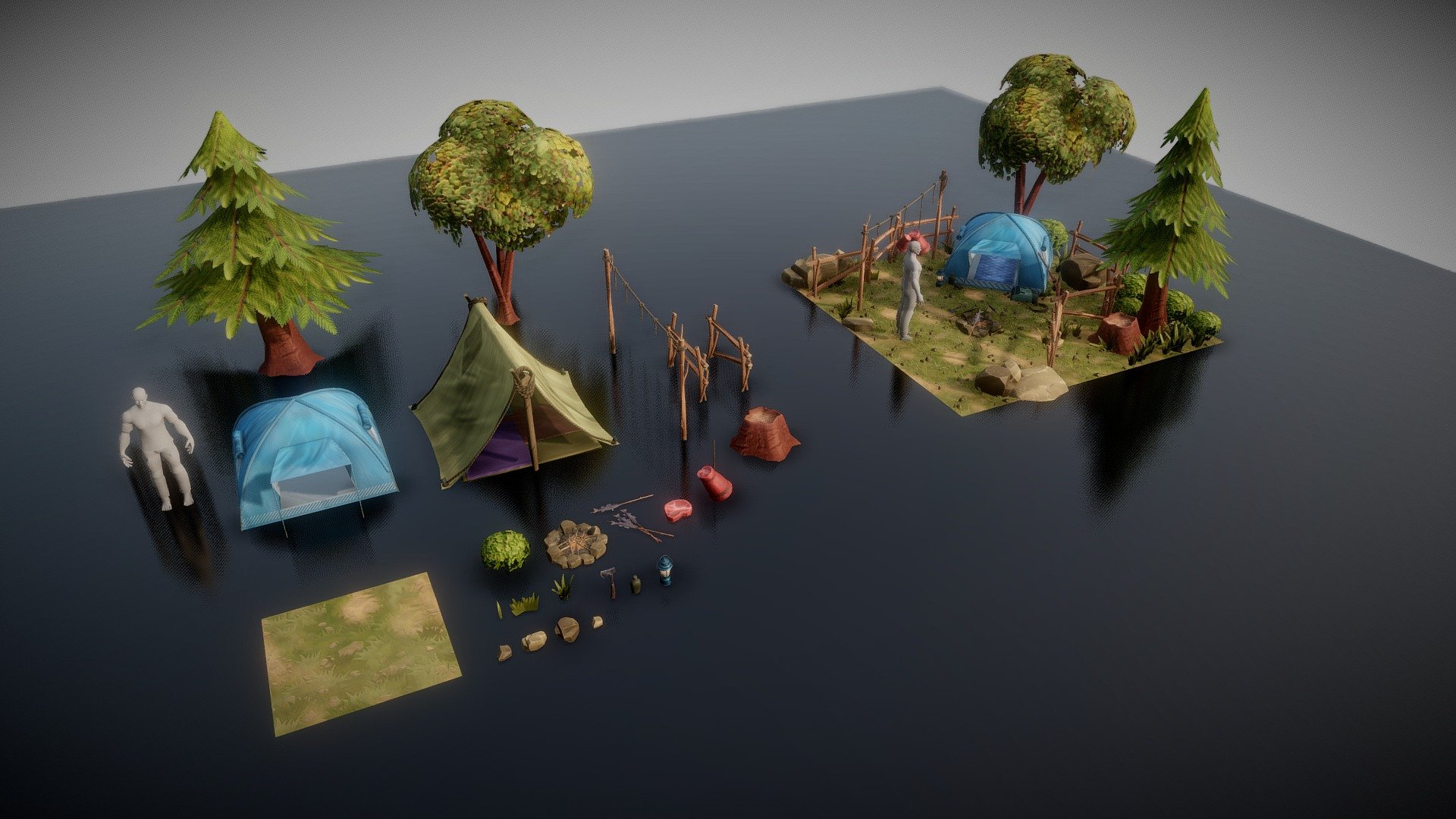 Alone at the other area. Trying to survive, setting a temporary camp and using recources nearby.
This asset is best for a top-down game. It's already optimized to fits into your scene. So you can also apply this asset to variety of games.
This Package contains :




20633 objects (Including the sample scene and particle system)

42486 vertices

84449 edges

42216 polygons

82094 tris

For further business or information about 3D Assets, You can contact me on my Instagram. I put the link in my bio. You can also write your comment on my asset post.
Thank you for visiting 3d model