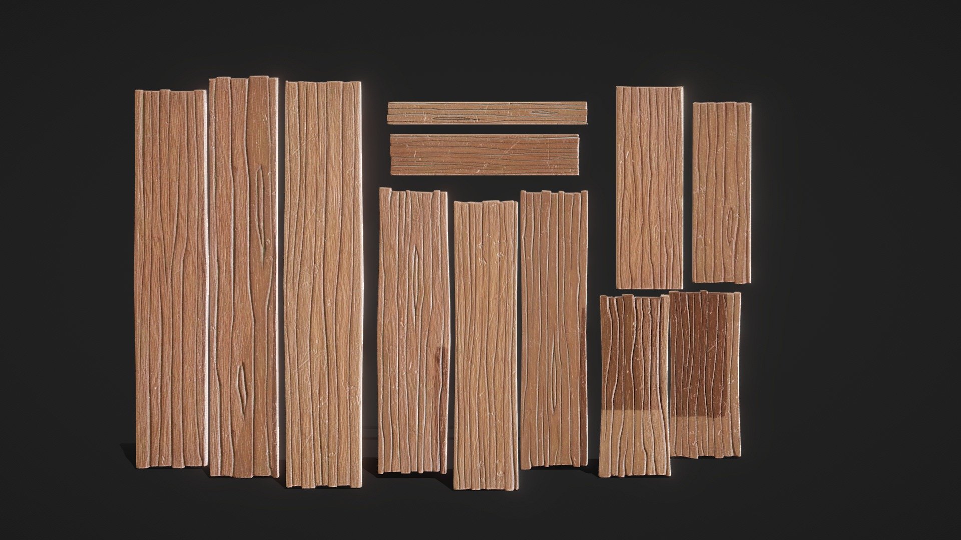 Originally modeled in Cinema 4D R 24 + Zbrush 2021

Advanced Format C4D

Other Format OBJ STL 3DS FBX

Zip archive Marmoset Toolbag 4 Scene render

Maps for Wood Planks

BaseColor
Metallic
Roughness
Normal
Ambient Occlusion

Texture resolution 2048x2048

Texture format PNG

Poly Count :

Polygon Count - 2116

Vertex Count - 1080

No N-Gons - Wood Planks - Buy Royalty Free 3D model by zames1992 3d model