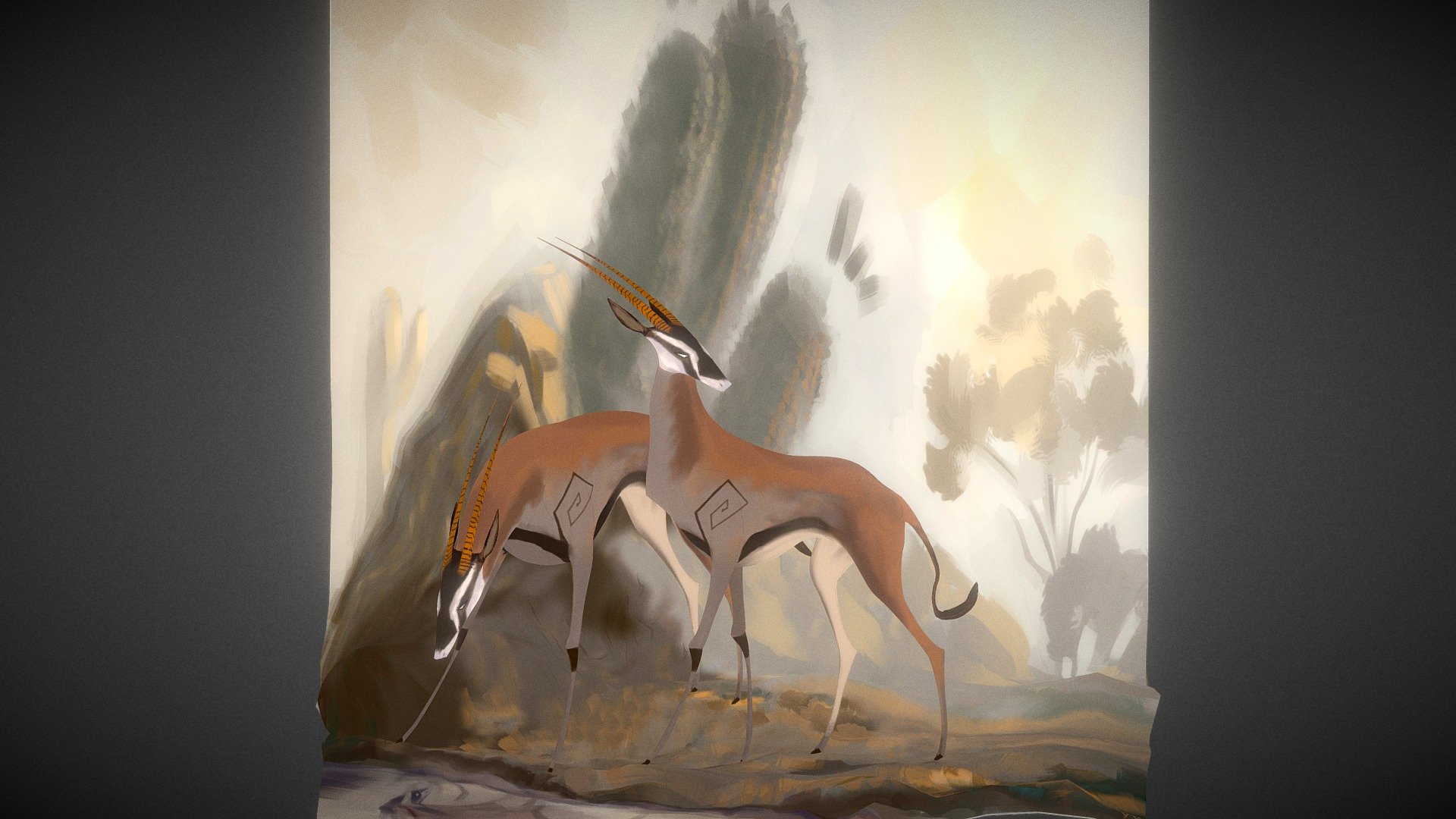 Scene made by Cordy for Anastasiya Shutova (https://vk.com/sol31) by her artwork (https://pp.vk.me/c836429/v836429925/19908/RS9bN5mv_Ho.jpg).

Used software: Blender, Photoshop CS6;
Working steps: Sculpt, Retopology, UV, Baking, Texturring, Rigging;
Textures: 1024x1024 .png (with Blender texture paint mode);
Used LOD2; 
LOD0 poly/verticles: 1070/1048;
Time left: 13h; - Antilope scene - 3D model by Cordy 3d model