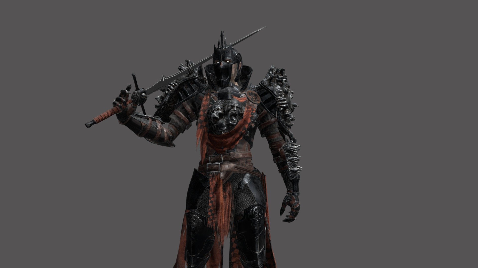 Textures 
all texture map 4096(with the possibility of reduction to 1024)

Model have five skins

In the model it is desirable to use a shader with a two-sided display of polygons.

The model contains 42 animations
atack (x10)
walking (x4)
running (x4)
backrun (x2)
Straife (x4)
rage (x2)
idle (x5)
death (x6)
get hit(x3)
dodge(x3)
withdraw sword (x2)
fight idle (x2)

faces 38939
verts 41858
tris 76191 - DarkKnight - 3D model by dremorn 3d model