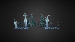 Low Poly Cemetery Gates fence, gate, cross, broken, painting, celtic, fencing, metal, spike, destroyed, cold, pole, texture, stone, blue, halloween, spooky, hand