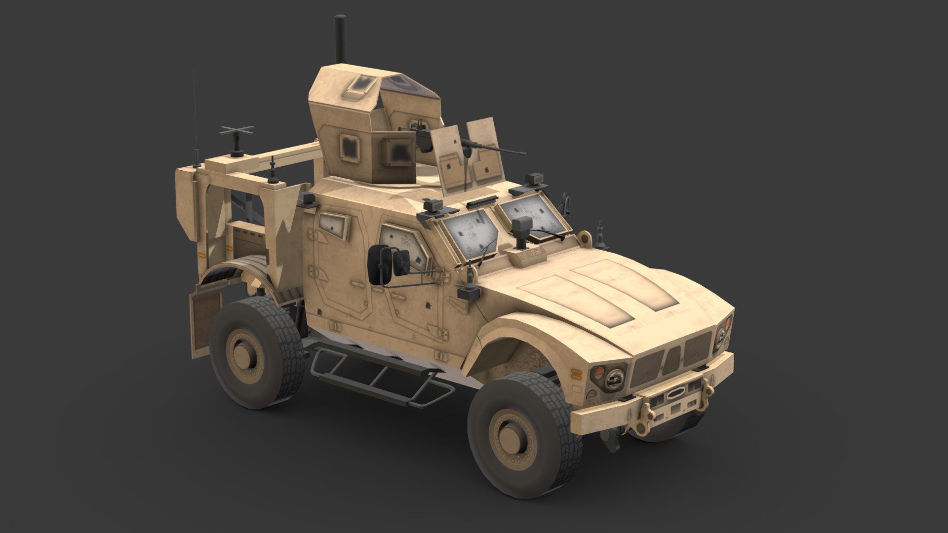 War Vehicle 3D Low-Poly # 6

You can use these models in any game and project.

This model is made with order and precision.

Separated parts (body. wheels).

Very low poly

Average poly count: 15,000 tris.

Texture size: 4096/4096 (BMP).

Number of textures: 1.

Number of materials: 1.

Format: fbx.obj.max.mtl 3d model