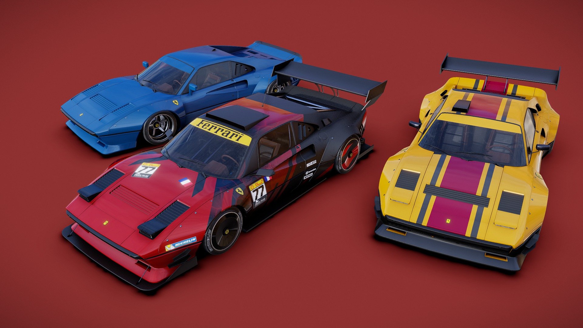 Hi :) 

It's a long time I wanted to go back to my 288 gto model to give it a fresh update with fews new custimisations !
There are 3 varations of Front and Rear Ligths, spoilers , mirrors, exhaust and some aero variations.

All made in maya and substance painter. 
The model here are not smoothed, but are beveled and ready to be turbosmooth for renders.

Will make a full configurator on unreal or unitty to swap liverys and colors :)
You can check it on my artstation when it will be ready 3d model