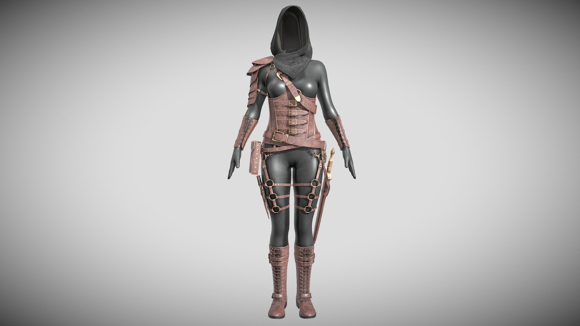 To increase the speed of each artist in all tasks, we need a library of suitable models for various purposes. In this package, we prepared high-quality low-poly assets including a dress, shoes (boots), hoodie, corset belt, corset, bag, armor shoulder, armor armband, wristband armor, sword sheath, sword belt, sword, knife sheath &amp; gloves

All models have a standard quad topology that makes them easily editable if it’s needed.
All models have proper UVs ready for the baking process.
PBR texture maps.
Models can be used in all 3D software and render engines.
Avatar: Genesis 8 Female
Available formats:
Fbx
Obj - Leather Assassins Costume Low-poly 3D model PBR - 3D model by s.javadhashemi 3d model