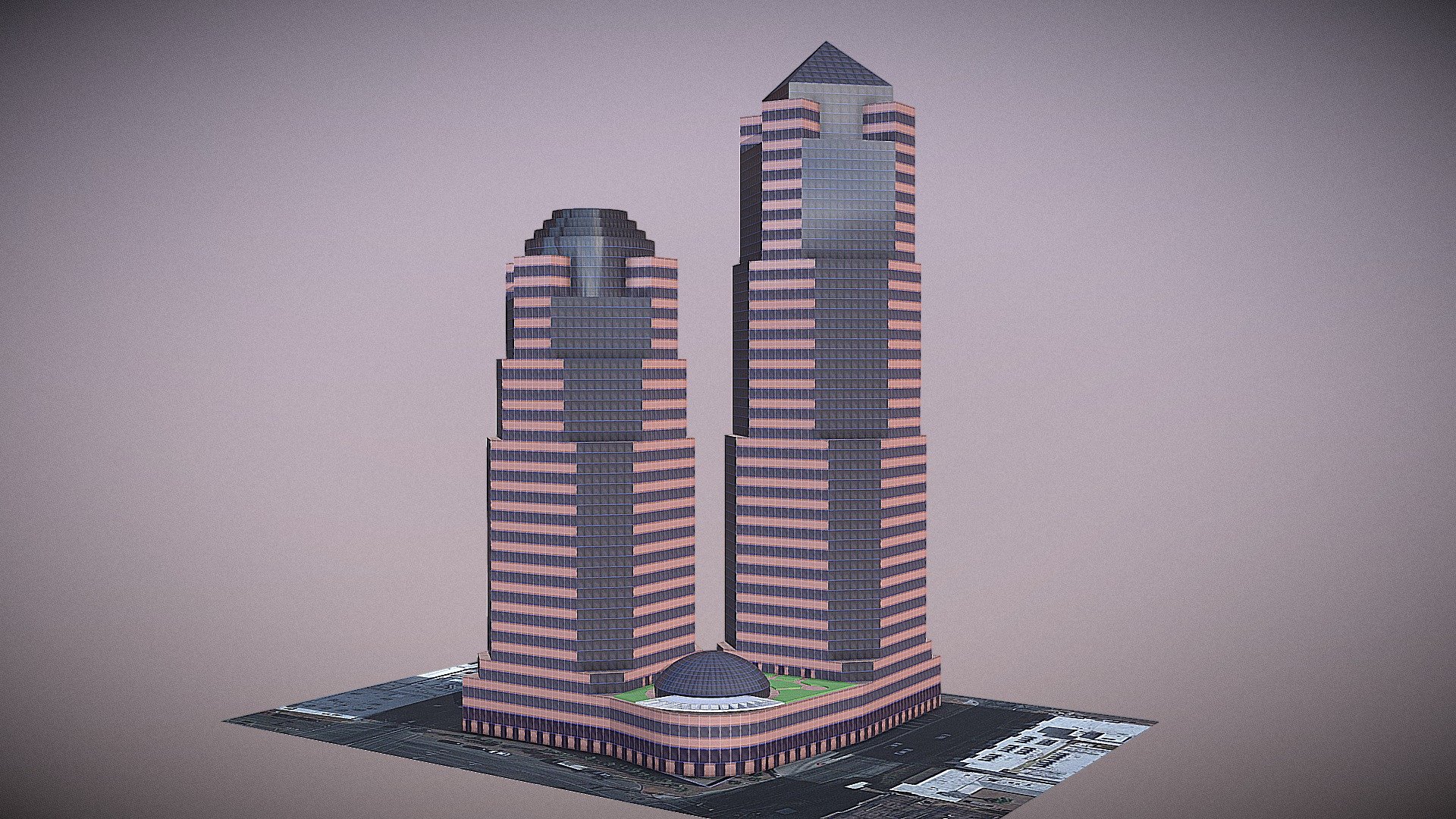 2018 Design Concept for the revitalization of the One South Church building and block in downtown Tucson Arizona. 

I first modelled the current building from scratch with a new technique that helped me create a more accurate geometry than the Sketchup 3D Warehouse version; though I do use versions of its textures.

The concept: 

One South Church features a new roof in the form of a glass cylinder which telescopes at the top with 3 half story steps; increasing the height of One South Church from 330' to 342'.

&lsquo;Two South Church' is a new building at the SE corner where One South Church's never built twin would have stood. It rises 462' as a taller sibling with the same facade and tower shape with symmetrical setback heights. Its roof features a glass pyramid which could be used for similar purposes as One South Church.

Lastly, the base structure at the SW corner is rebuilt to connect the two buildings via a domed multipurpose lobby with rooftop garden, and the NW plaza remains largely unmodified 3d model