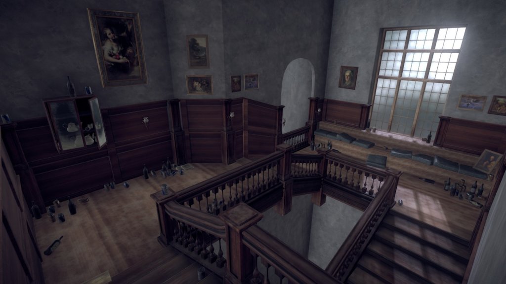 Follow the notes!

This scene was inspired by the classic Beatles song, Eleanor Rigby and Silent Hills playable teaser, P.T.. I tried to mix the mystery behind that music in a game style environment to see if I could show a nice and scary ambiance.

I made a small story in it, nothing fancy, but follow the notes.

I simply love horror, love creating, watching and playing scary games.

I used zBrush, Maya, Blender, 3D Coat, Substance Designer, Substance Painter and xNormals to create this scene.

I made a small gameplay inside the scene, it is very inspired on PT

Here is a link to play it.
http://www.indiedb.com/members/renatoaruffo/downloads/eleanors-stairway-playable-teaser - Eleanor's Stairway - 3D model by Renato Aruffo (@renatoaruffo) 3d model