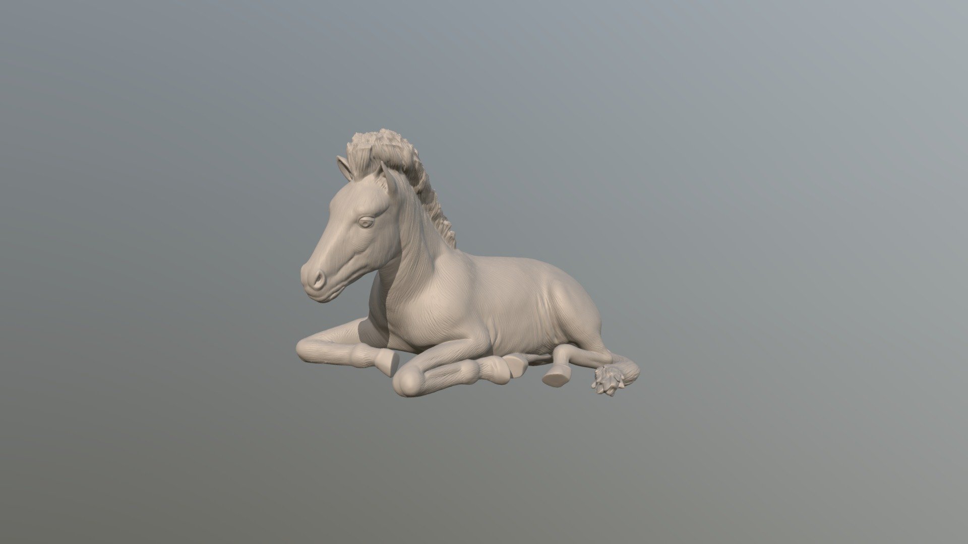 This Fole was made from 20 photos taken by our client. They wanted to be able to 3D print their own 3D model of this Fole, so we sculpted it from their photos. 
We also 3D printed it with great result - se our portforlio https://www.kidsprint.com/om-kidsprint/3d-portfolio/ - Cute Horse - Fole laying down - 3D model by kidsprint 3d model