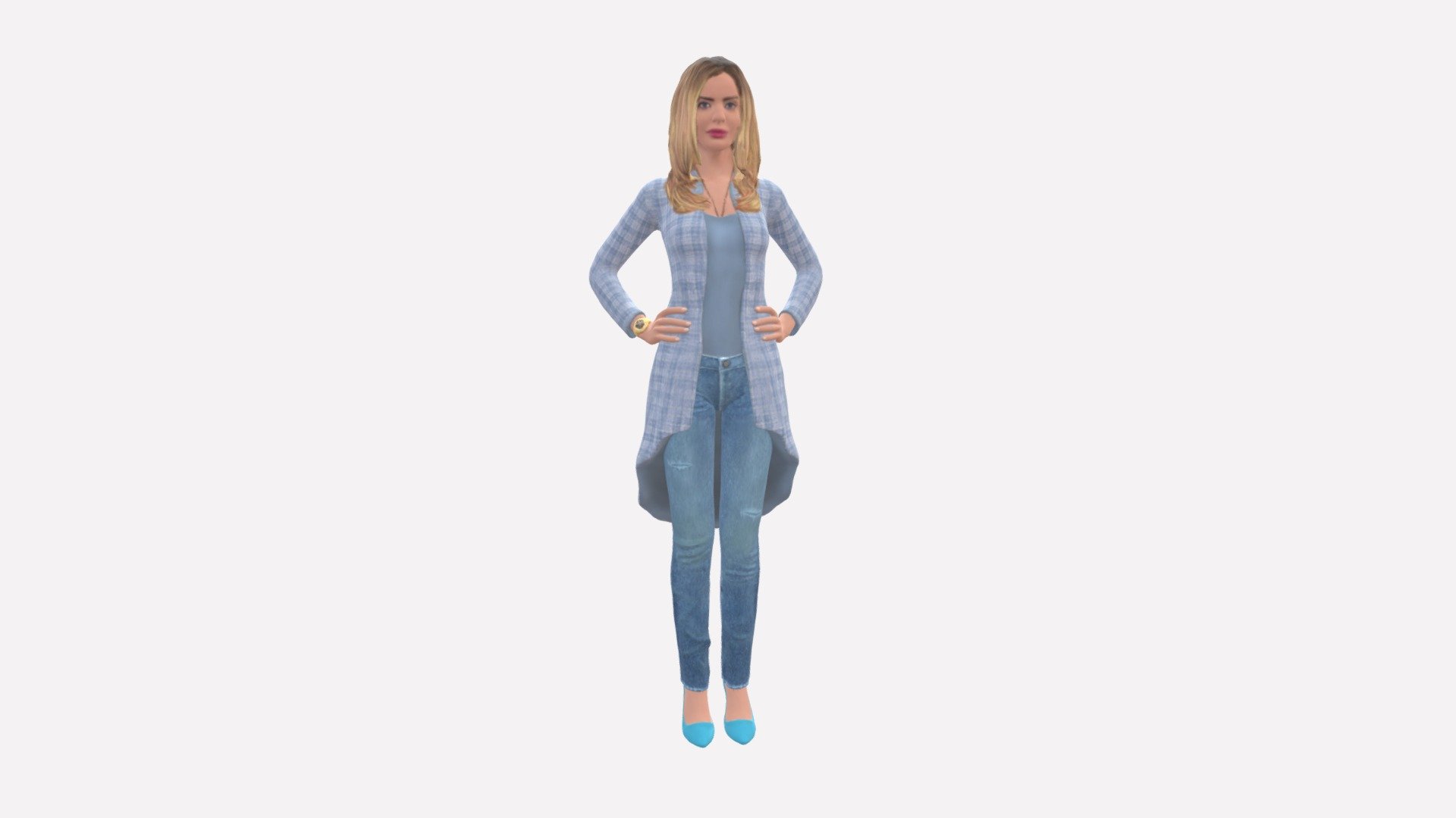 We provide unique 3d scanned models with realistic proportions for closeup and medium-distance views in artworks, paintings and classes. As well as architectural visualization projects.

Main features:




high-end realistic 3d scanned model;

realistic proportions;

highest quality;

low price;

saves you time for more time in landscaping and interiors visualization.

FEATURES 




3d scanned model 

Extremely clean

Edge Loops based

smoothable

symmetrical

professional quality UV map

high level of detail

high resolution textures

real-world scale

system unit: cm

TEXTURES 




Textural Resolution: 4096 x 4096

Color Map

The model is suitable for stereolithography 3d printing 

The model is also ready for fullcolour 3d printing - Woman In Jeans Blue Plaid Coat 0536 - Buy Royalty Free 3D model by 3DFarm 3d model