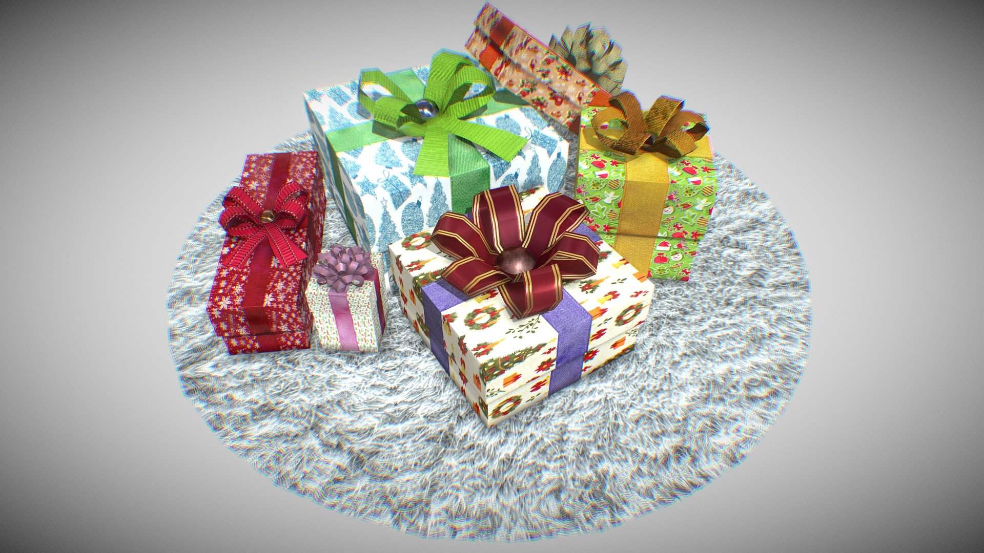 Hello everybody and Happy New Year!

This model included texture maps: BaseColor, AO, Metallic, Roughness, Height, Normal map (OpenGL, DirectX). Texture maps in 2K-4K resolution. 
Geometry, All boxes - 1.920 Trices, 1.692 Verts. One box - 222 Trices, 32 Verts. 
Formats - Blend, FBX, OBJ, gLTF, Abc, Dae. 1 UV set, 1 texture set - Gift boxes - 3D model by Uragan27 3d model