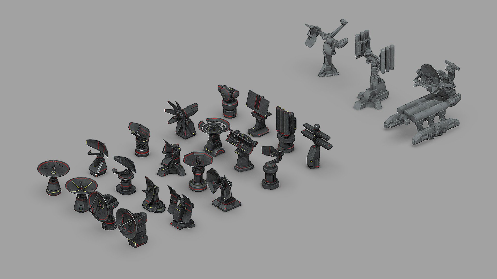 20 low poly asset pack of radar units, suitable esp. as midground or background elements.




Tris and quads topology, not subdiv ready

UV mapped, non-overlapping, PBR textures (2K and 4K available)

Empty/null object for easy rotation and positioning

Separated objects for rotating parts (no armatures)

Feel free to use in private and commercial works, however reselling of assets is not allowed.

Update : added PBR textures

See also other related products :




Turret Pack

Missile and Rocket Launcher Pack
 - Radar Pack - Buy Royalty Free 3D model by purbosky 3d model