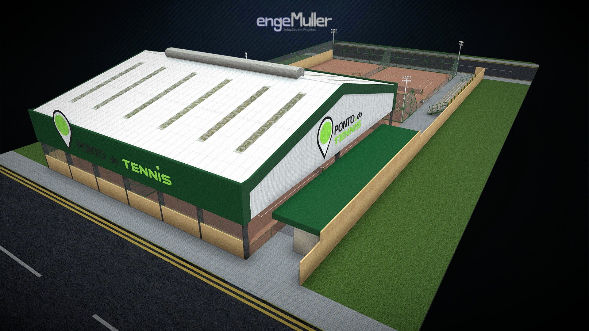 Anteprojeto estrutural modelado para o clube Ponto do Tennis.

Solução estrutural em concreto pré-fabricado em conjuto com a estrutura metálica, tomando como base os conceitos de obra limpa, estruturas parafusadas, compatibilidade &ldquo;estrutural/arquitetônico