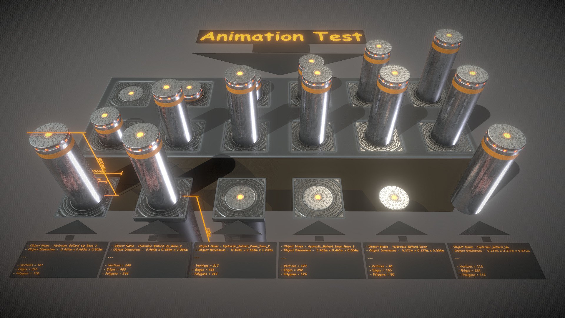 Here is the pbr-textured low-poly version of the Hydraulic Bollard with LEDs.




Parts:


Object Name - Hydraulic_Bollard_Down 
Object Dimensions -  0.277m x 0.277m x 0.004m
Vertices = 81
Polygons = 80



Object Name - Hydraulic_Bollard_Down_Base_1 
Object Dimensions -  0.463m x 0.463m x 0.004m
Vertices = 129
Polygons = 124



Object Name - Hydraulic_Bollard_Down_Base_2 
Object Dimensions -  0.464m x 0.464m x 1.239m
Vertices = 217
Polygons = 212



Object Name - Hydraulic_Bollard_Up 
Object Dimensions -  0.277m x 0.277m x 0.871m
Vertices = 113
Polygons = 112



Object Name - Hydraulic_Bollard_Up_Base_2 
Object Dimensions -  0.464m x 0.464m x 2.036m
Vertices = 249
Polygons = 244



Object Name - Hydraulic_Bollard_Up_Base_1 
Object Dimensions -  0.463m x 0.463m x 0.802m
Vertices = 161
Polygons = 156

 - Hydraulic Bollard (Low-Poly) - Buy Royalty Free 3D model by VIS-All-3D (@VIS-All) 3d model