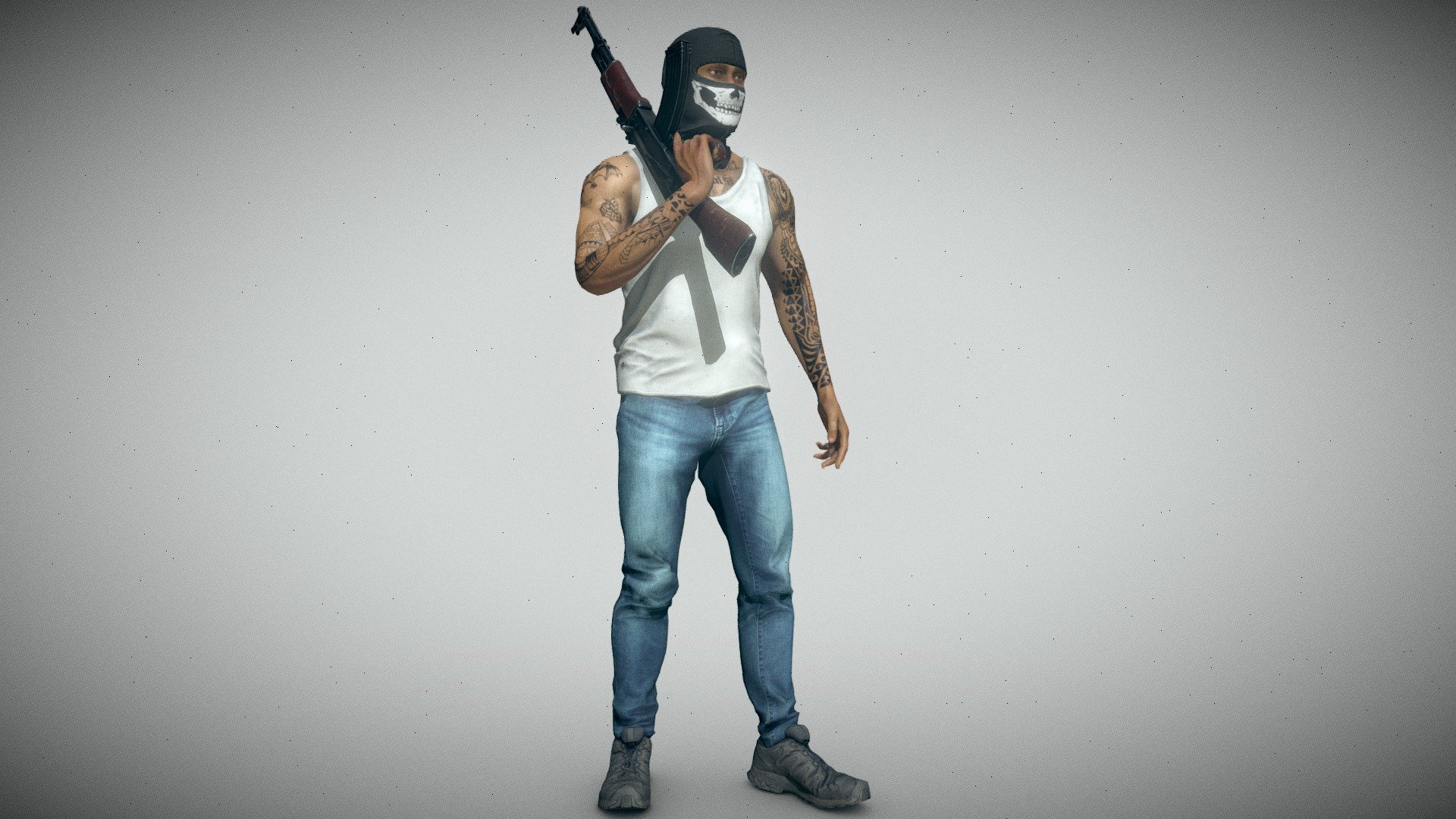 Hitmen (Spanish: Sicarios): The armed group within the drug cartel, responsible for carrying out assassinations, kidnappings, thefts, and extortions, operating protection rackets, and defending their plaza (turf) from rival groups and the military.


Separate materials for the clothing, body parts/skin, eyelashes and rifle.

PBR 4k textures in PNG format.


I used scans/ high poly meshes of the clothing that i optimized and re textured: 

Jeans- Scan_Man_retop by Digital_craft_union under CC-BY

Tank Top- Tank Top by Shift4cube under CC-BY

Boots- Black Boot by Eydeet under CC-BY

Balaclava- Balaclava by Shedmon under CC-BY
 - Cartel Sicario - Buy Royalty Free 3D model by Mateusz Woliński (@jeandiz) 3d model