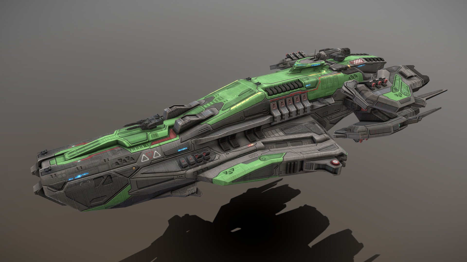 This is a model of a low-poly and game-ready scifi spaceship. 

The weapons are separate meshes and can be animated with a keyframe animation tool. The weapon loadout can be changed too. 

The model has several modular parts for bridge, engine and side modules. These parts can be changed to create different looking ships.

This model has optional maneuvering thrusters for newtonian physics based movement. They do fit on other ships too.

The model comes with several differently colored texture sets. The PSD file with intact layers is included.

Please note: The textures in the Sketchfab viewer have a reduced resolution (2K instead of 4K) to improve Sketchfab loading speed.

If you have purchased this model please make sure to download the “additional file”.  It contains FBX and OBJ meshes, full resolution textures and the source PSDs with intact layers. The meshes are separate and can be animated (e.g. firing animations for gun barrels, rotating turrets, etc) 3d model
