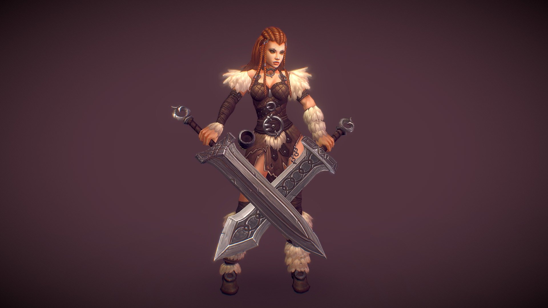 A low poly, hand painted barbarian girl hero character for your game project. She is bound to an HIK skeleton and ready to be animated. Macanim and mixamo animations work well with her skeleton setup 3d model