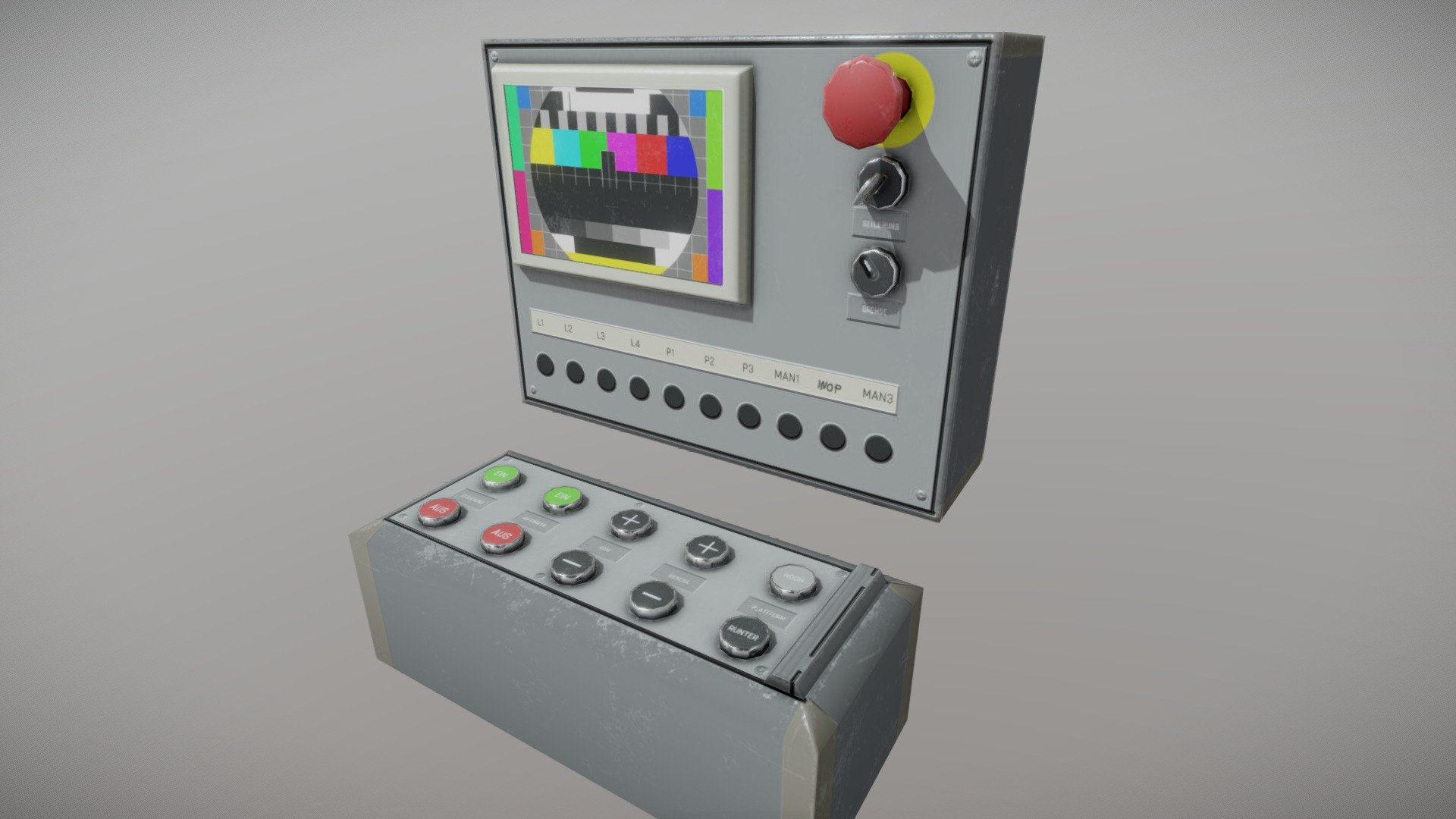 A modern control panel as you can find it on modern fairground rides with buttons, touch screen, emergency stop pushbutton and key switches 3d model