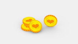 Cartoon love gold coin heart, coin, money, treasure, wealth, lowpolymodel