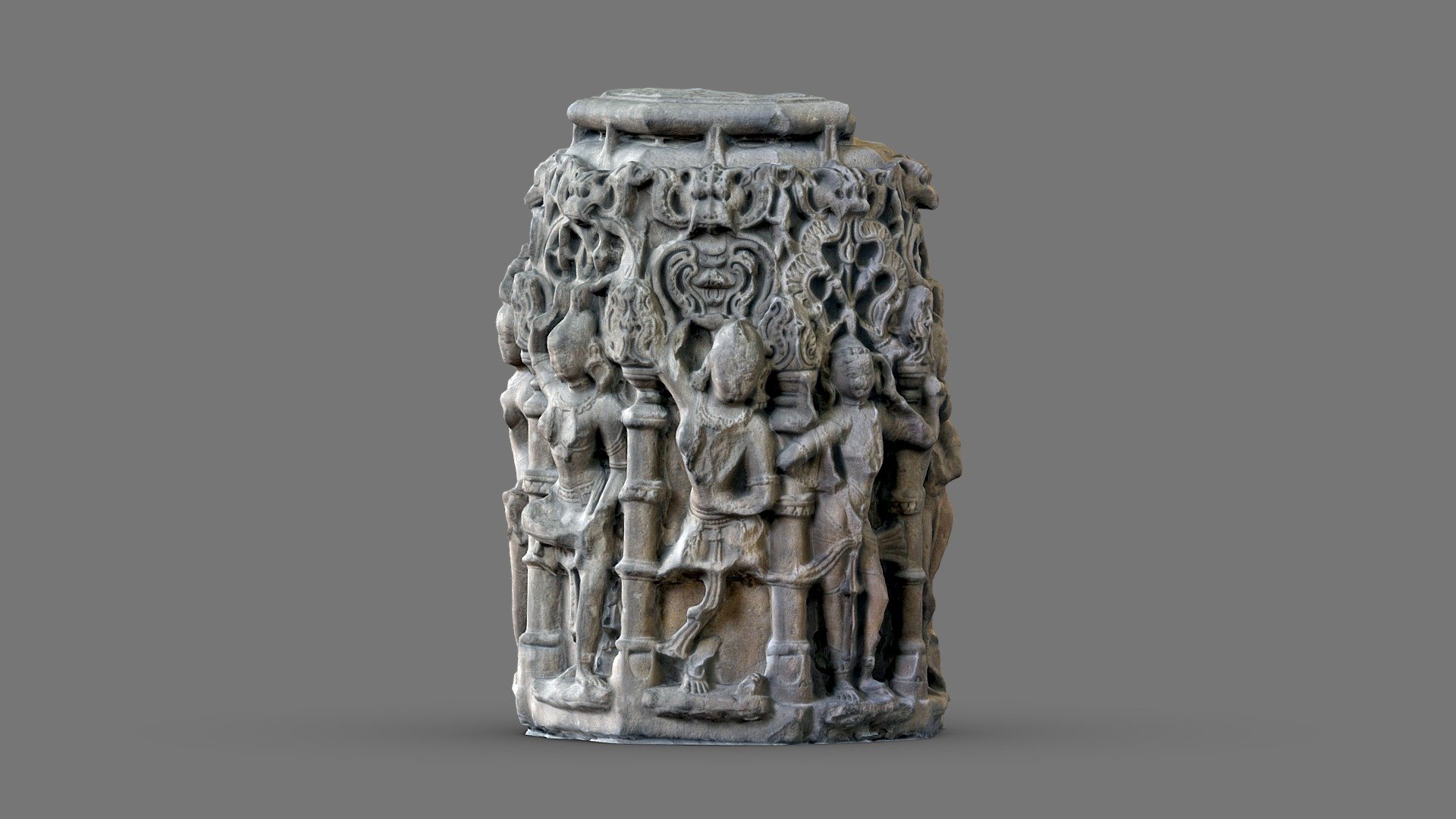 11th Century AD

&ldquo;This stone base, carved with a series of dancing female figures, would have supported a temple column. It is of a type seen in the Jain temples at Mt Abu, and Ranakpur where deeply-cut tracery styles of sculpture are found.” - British Museum

Uploading a second time to make downloadable as there was an error in previous upload 3d model