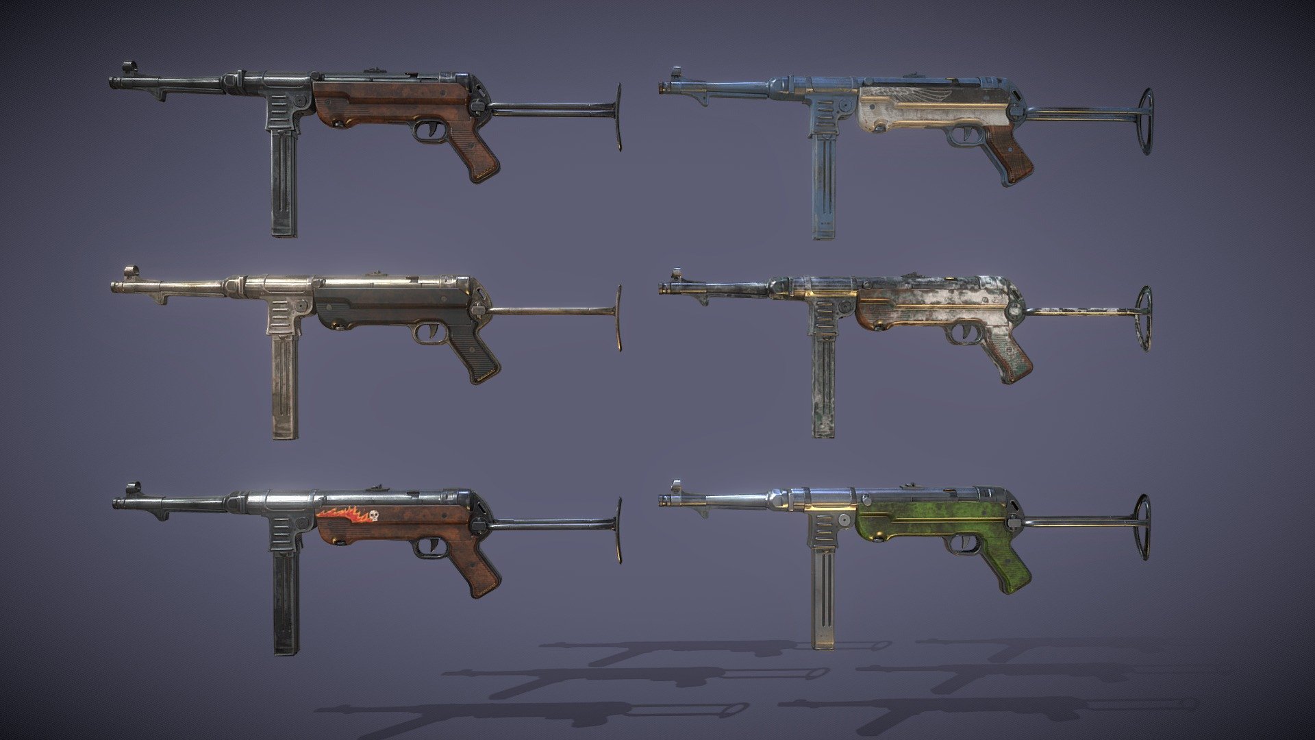 The MP40 (Maschinenpistole 40) is a submachine gun chambered for the 9×19mm Parabellum cartridge used by the Axis powers during World War II.




1 mesh.

Geometry: 24254 triangles, 20793 vertices.

Rigged, no animations.

PBR high resolution textures (4K).

Six skins.

Channels: diffuse, normal, metallic, ambient occlusion.

SRP support: BuiltIn, URP, HDRP.

Unity version: +2020.3.
 - Axis Submachine Gun (WWII Weapons) - Buy Royalty Free 3D model by Hitoshi Matsui (@hitoshi.matsui) 3d model