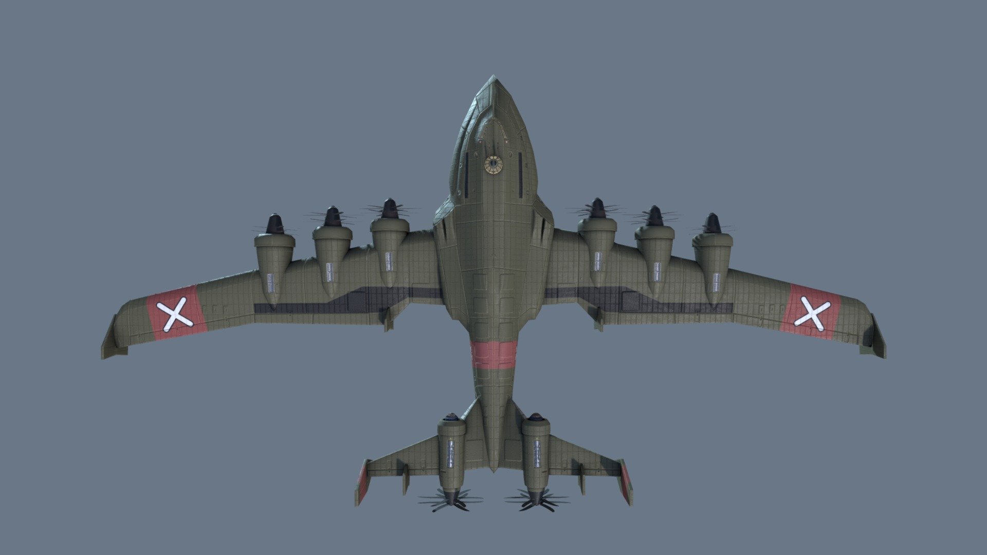 A (comically oversized) bomber-style aircraft, with plenty of turrets, for shooting at you.

Made in 3DSMax and Substance Painter - Shmup-Style Bomber Plane - 3D model by Renafox (@kryik1023) 3d model