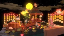 Mid-Autumn Festival Party lantern, moon, figure, cloud, anthro, night, party, festival, background, furry, lanterns, mooncake, midautumn, 3d, animal, half-human, zodiacs