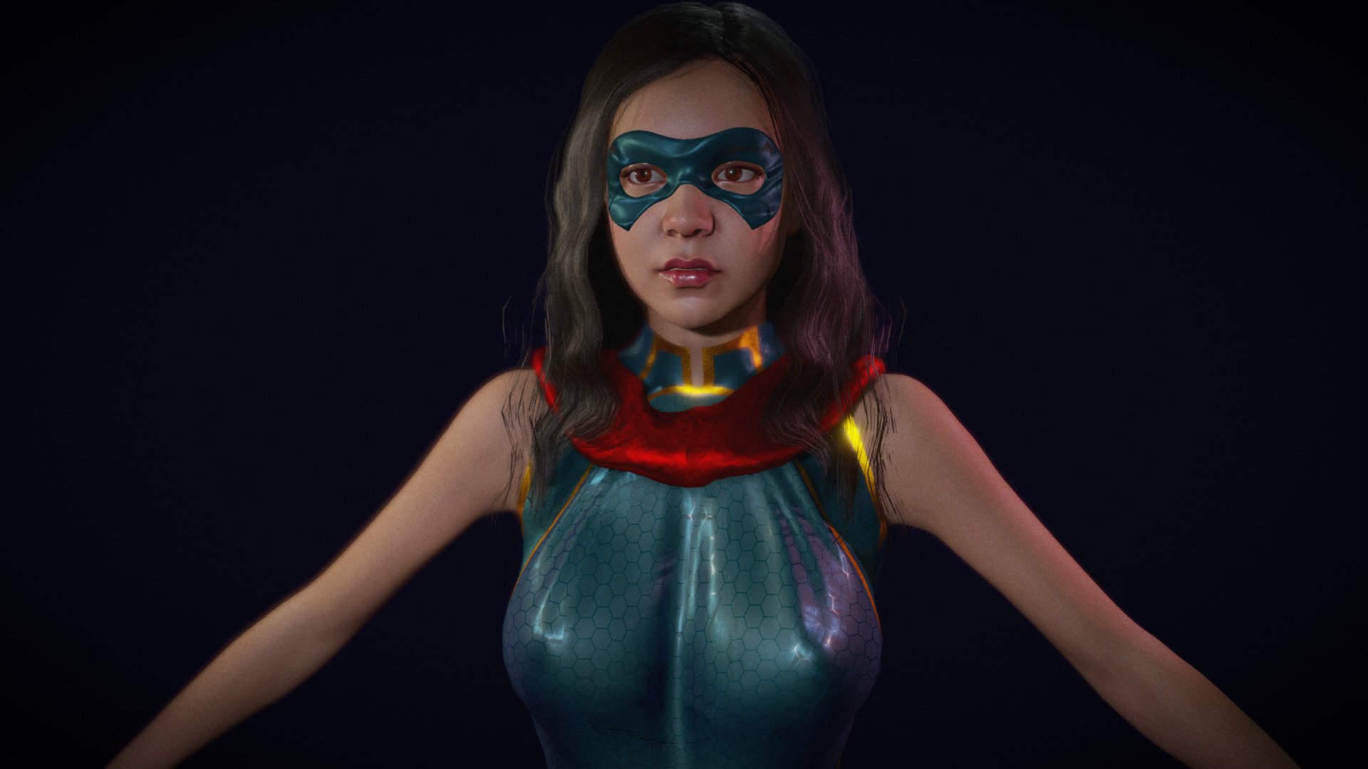 Ms. Marvel - Kamala Khan female model. mixamo bone names for animations. sss subsurface scattering. body fully rigged.  basic face rig. model in blender file. Basic animation 3d model