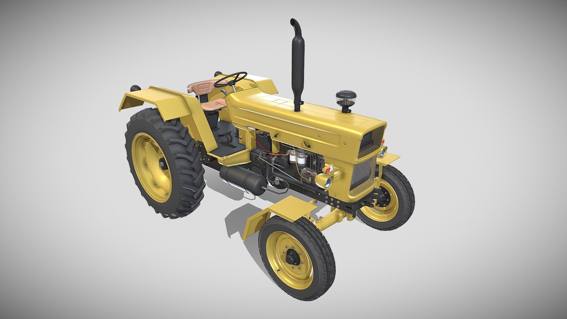 Highly detailed Tractor 3d model rendered with Cycles in Blender, as per seen on attached images.

The model is very intricately built, it has the transmission and engine, with cooling for oil and water, injection pump, fuel lines, compressed air circuit, electric circuit modeled. Some of these elements cannot be seen on the main renders, so I have also rendered the chassis in order to showcase them.

The 3d model is scaled to original size in Blender.

File formats:

-.blend, rendered with cycles, as seen in the images;

-.obj, with materials applied;

-.dae, with materials applied;

-.fbx, with materials applied;

-.stl;

Files come named appropriately and split by file format.

3D Software:

The 3D model was originally created in Blender 2.8 and rendered with Cycles.

Materials and textures:

The models have materials applied in all formats, and are ready to import and render, note that some minimal adjustments might be needed to look best in the renderer of choice 3d model