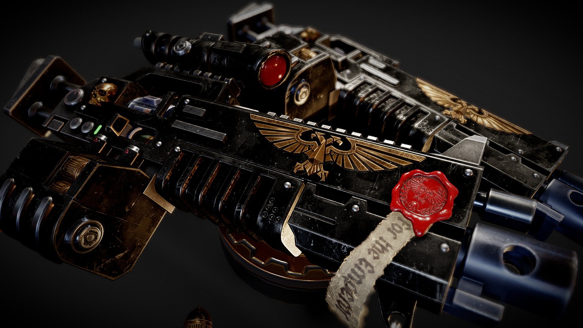 20230217: there seems to be a texture glitch on the scope that only happens on sketchfab.
Please visit https://www.artstation.com/artwork/BXo5qz for accurate render.

“The variant of the Cawl Pattern Bolt Rifle used by the Heavy intercessor squad, its extended barrel provides better accuracy at longer range.”

I did not expect this one to drag so long as in the beginning I was merely remaking the miniature version.

I have to design the whole thing from the ground up, from the size of the barrel, its bullet all the way to how the magazine can actually insert into the gun. 

I stick the design as closely to the miniature as possible and spend most of my time figuring out the mechanic.

4K texture and 2 versions. One slightly wider to look more akin to the miniature.
May the Emperor protect 3d model