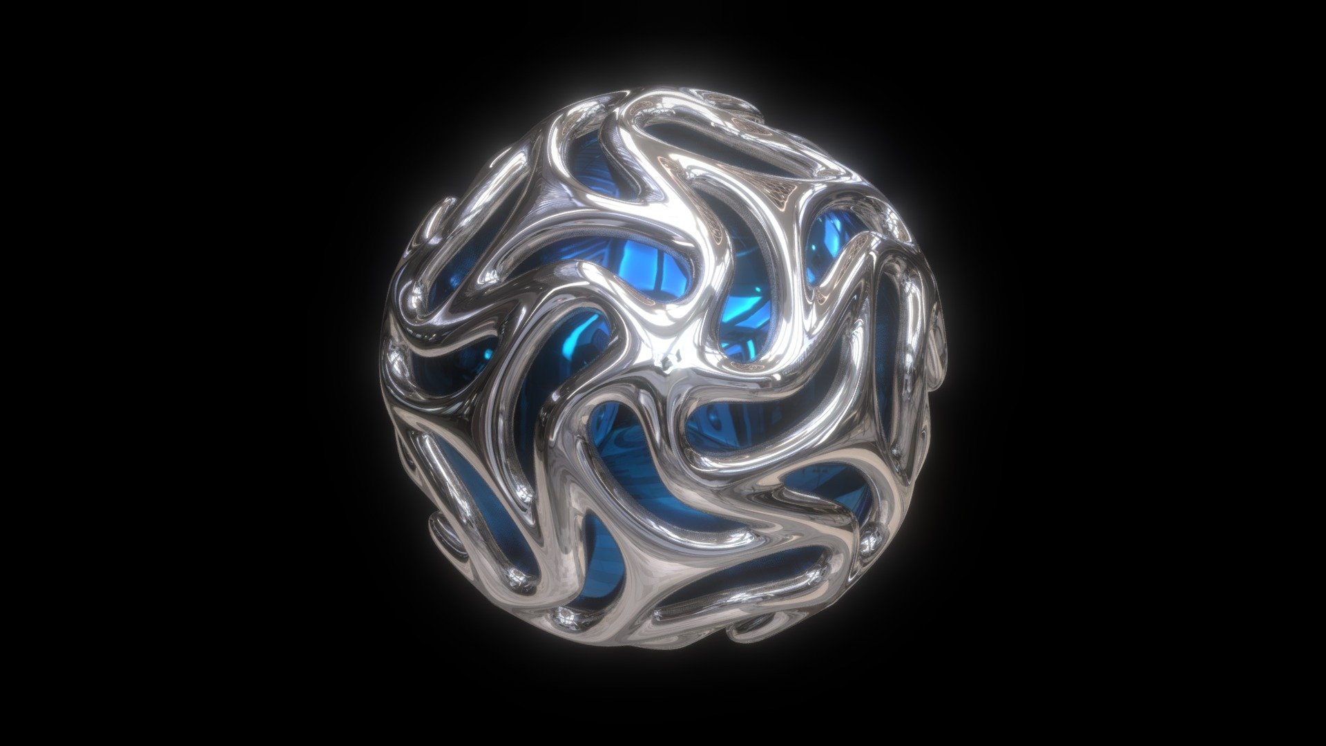 Five tetrahedrons conjoined into a dodecahedral shape casted into a sphere. It was wireframed while keeping the original object, giving it an exoskeletal look, and then subdivided into a smooth shape, the result is a sphere with organic dodecahedral star-like shapes pattern. Metallic materials were added to the model 3d model