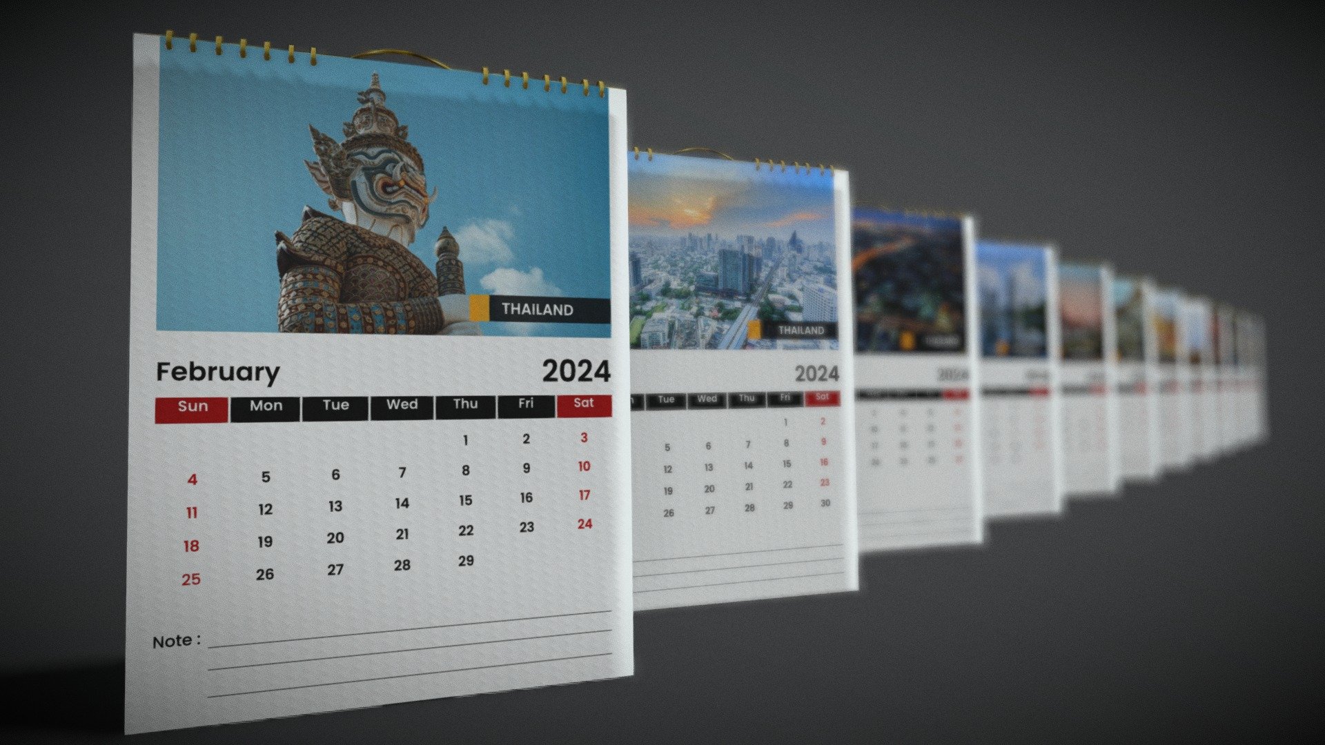00-KP1- Calendar 2024 Collection 1

Transport yourself to the vibrant streets of Bangkok with our intricately designed 3D calendar. Immerse your space in the rich cultural tapestry of this bustling city as each month unfolds, showcasing iconic landmarks, traditional festivals, and the dynamic spirit of Thailand's capital. Whether you're a travel enthusiast, a lover of unique decor, or simply seeking a touch of international flair, our Bangkok calendar 3D model is a perfect fusion of functionality and artistic expression. Let the energy of Bangkok inspire your daily planning 3d model