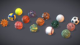 Low Poly Stylized Balls Pack baseball, assets, wallnut, football, balls, basketball, golfball, volleyball, socerball, lowpoly, gameready, marbl, tenis_ball, wooden-ball, forged_ball, lava_ball, triangular-ball, concrete-ball, metal-ball
