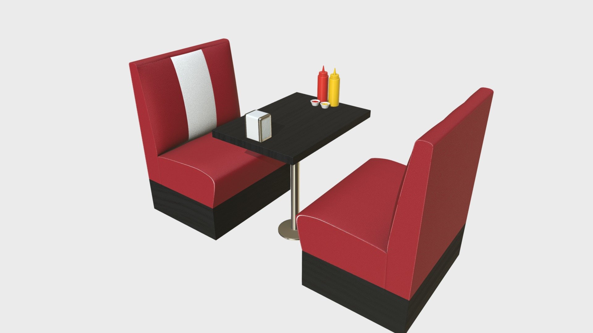 === The following description refers to the additional ZIP package provided with this model ===

Diner booth set 3D Model. 8 individual objects (2 banquettes, 2 bottles, 2 container, 1 table, 1 napkins dispenser), sharing the same non overlapping UV Layout map, Material and PBR Textures set. Production-ready 3D Model, with PBR materials, textures, non overlapping UV Layout map provided in the package.

Quads only geometries (no tris/ngons).

Formats included: FBX, OBJ; scenes: BLEND (with Cycles / Eevee PBR Materials and Textures); other: png with Alpha.

8 Objects (meshes), 1 PBR Material, UV unwrapped (non overlapping UV Layout map provided in the package); UV-mapped Textures.
UV Layout maps and Image Textures resolutions: 2048x2048; PBR Textures made with Substance Painter.
Polygonal, QUADS ONLY (no tris/ngons); 135454 vertices, 134780 quad faces (269560 tris).
Real world dimensions; scene scale units: cm in Blender 3.1 (that is: Metric with 0.01 scale).
Uniform scale object (scale applied in Blender 3.1) 3d model