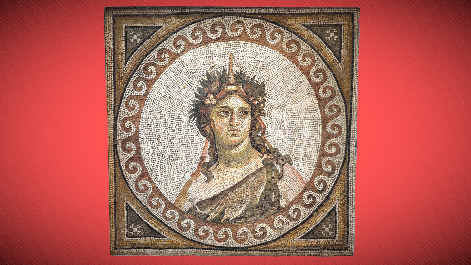 Economic prosperity in the city of Antioch, a vital agricultural and commercial center at the crossroads of the Roman Empire and strategically located on the N-S-E-W axis of the silk road, created an extensive middle-class population that was wealthy, sophisticated, cosmopolitan, and of course, liked a good party. Villas in this region were often opulently decorated with stunning wall frescos and floor mosaics, like this medallion of the wine god Bacchus. This floor mosaic was initially located in the entrance hall of a Roman villa as part of a much larger floor that included the similar mosaic also posted to this feed. As guests walked across the floor mosaic, these images of the wine god Bacchus and his “Thiasus,” or retinue of dedicated followers, would have created an atmosphere of wine-drinking revelry and merriment! Such a mosaic would suggest to guests that you enjoyed an excellent raucous dinner party with wine and all the delicious accompaniments! - Bacchus Mosaic from Antioch (325-330 CE) - 3D model by Specterras 3d model