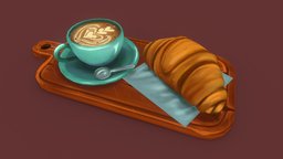 Coffee Break cute, cottage, coffee, pastry, croissant, cuttingboard, charcuterie, latte, sketchfabweeklychallenge, handpainted, stylized, cottagecore, sketchfabweeklychallengecoffee