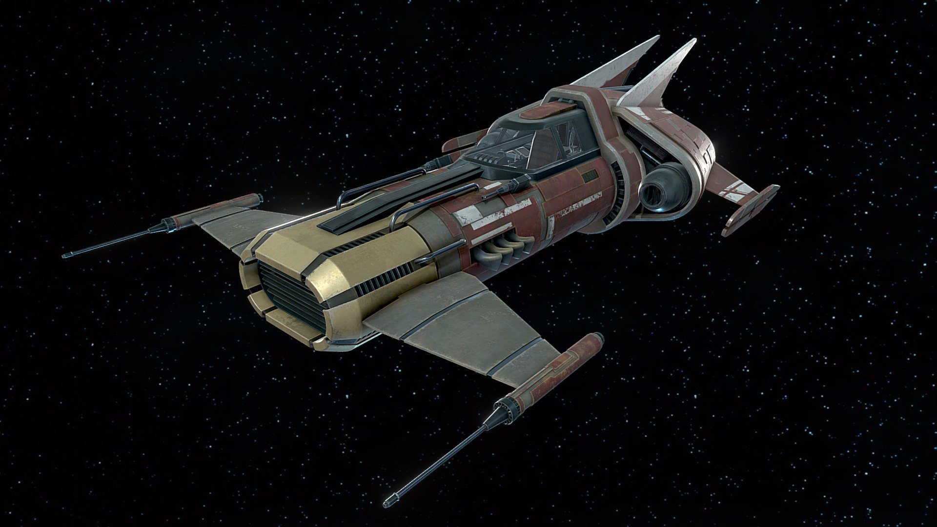 Space Fighter design.   Designed to fit in different genres.   Renders in UE5 etc here  https://www.artstation.com/artwork/lDKWkG

Model 253k poly's  499 tris

Feel free to have a mess with it retexture it,  whatever.   Just credit me as the original model creator of this version.

Make sure to download additional file, which contains:
One model all attached

One model with the canopy detached but the pivot for the canopy in the right place  (This works when importing into 3ds max etc, but changes the pivot in UE5.)

So I also included one model of the hull, and one model of the canopy as seperate files so they can be imported into UE5 and keep the pivot in the correct place for whatever reason. If you just want to place the parts and have the canopy opened.

Cockpit parts are not detached so would need to be if you want them to move 3d model