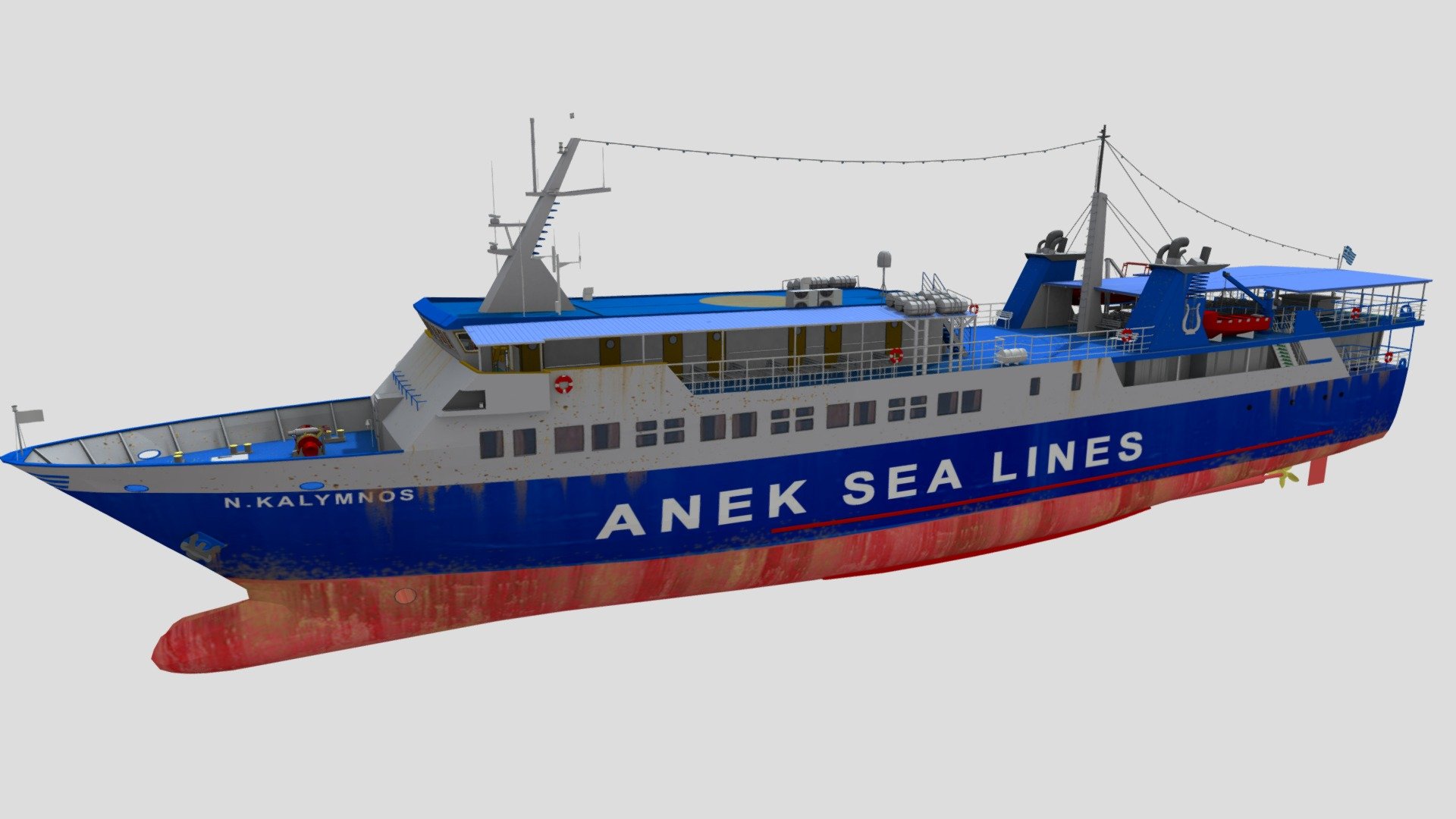 Modelled 3ds max 2022
Greek Ferry

NISSOS KALYMNOS is a Ro-Ro/Passenger Ship that was built in 1988 and is sailing under the flag of Greece. It’s carrying capacity is 1094 Gross Tonnage and her current draught is reported to be 2.6 meters. Her length overall (LOA) is 61.78 meters and her width is 10 meters 3d model