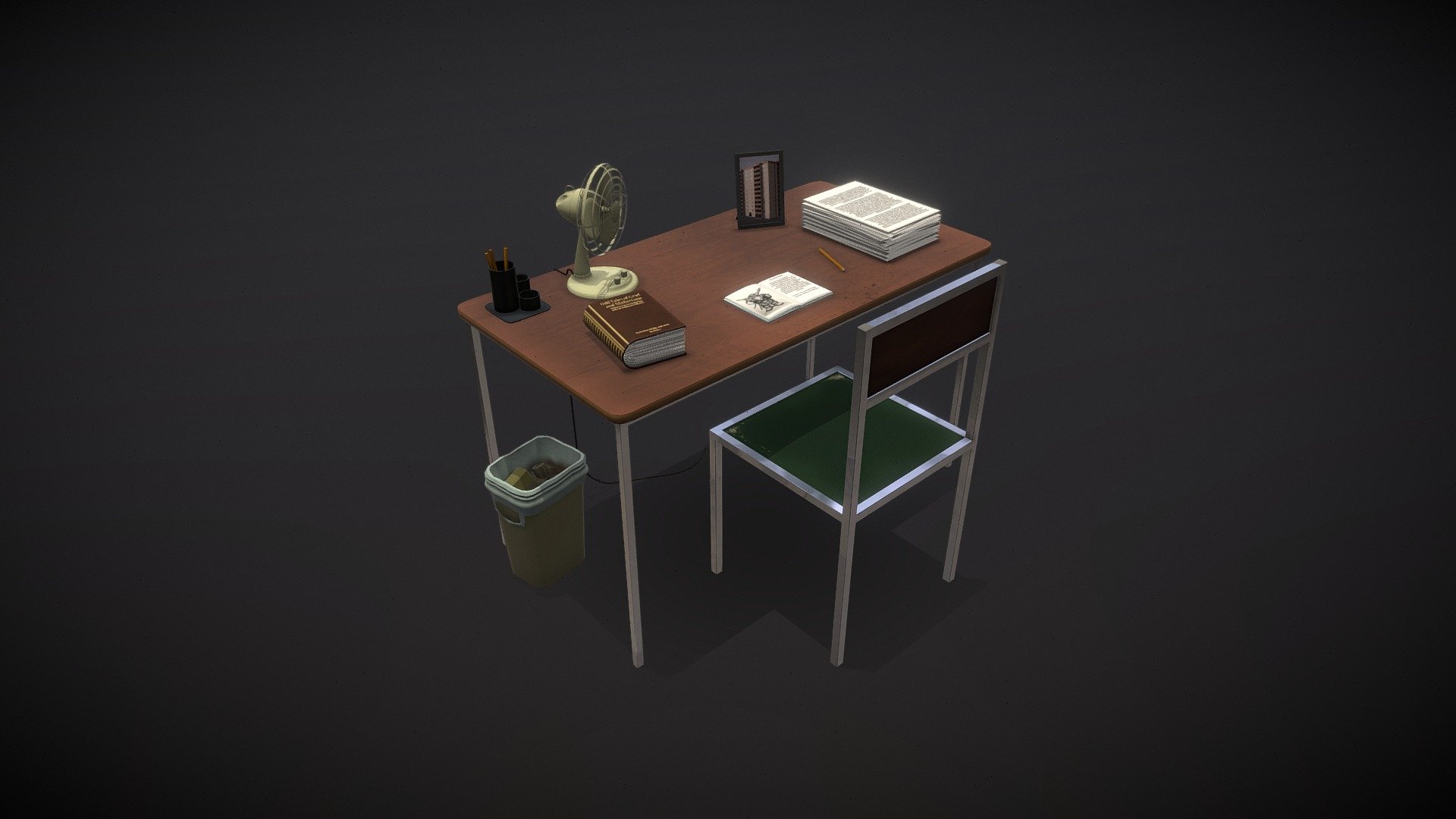A composition of props sharing UV space and using a single material, 8k verts 3d model