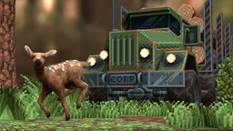 Pixel Art Deforestation Scene trees, scene, truck, forest, animals, retro, deer, foliage, diorama, nature, forestry, machines, low-fi, blender, vehicle, stylized, pixel, pixelart, 3dcember2020, noai