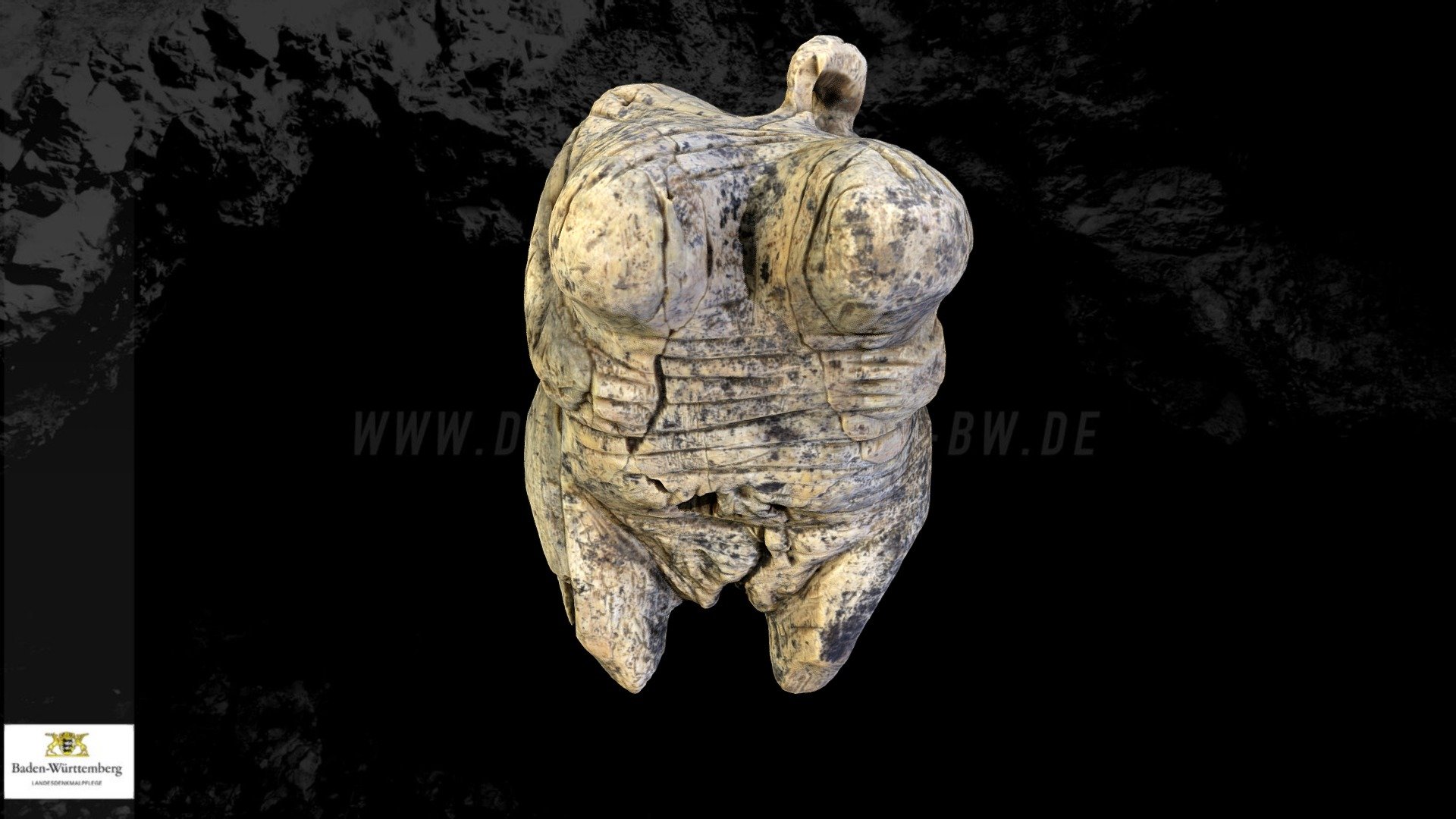 UNESCO World Heritage Site - Caves and Ice Age Art in the Swabian Jura
https://www.iceageart.de
Cultural complex and age:
Aurignacian, between 43,000 and 35,000 BP

Site:
Hohle Fels Höhle

Year of discovery:
2008

Material:
Mammoth ivory

Dimension:
5.7 cm hight

3D digitizing methods:
Structural light scanner Polygon PTM1600c and Photogrammetry (Structure from Motion)

Exibition site of original:
Urgeschichtliches Museum Blaubeuren

Videoclips:

The Caves with the oldest Ice Age art

Höhlen und Eiszeitkunst der Schwäbischen Alb – UNESCO-Welterbe

2018 © Landesamt für Denkmalpflege im Regierungspräsidium Stuttgart - Ice age art, human figurine ("Venus") - 3D model by LAD BW (@ladbw) 3d model