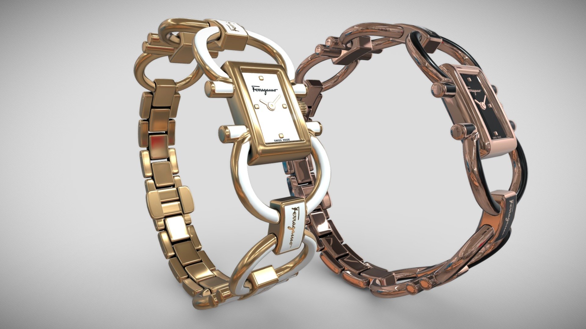 The Ferragamo Double Gancini Mini watch is distinguished by the elegant lines of the rectangular case and modular chain, which feature two-dimensional Gancini designs completed in coloured enamel for a bold, dazzling appearance 3d model