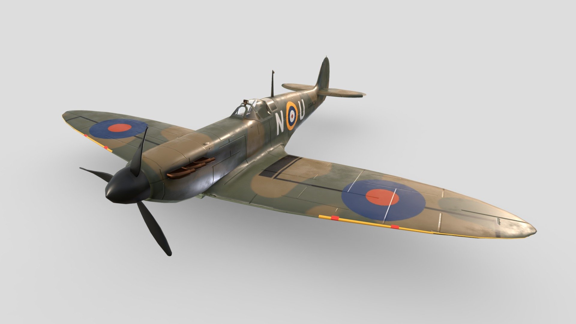 My first PBR texture paint! Did for a game I work on, with hopefully many more planes to come.
See the render model here: https://www.artstation.com/artwork/Nxrxxb
Done entirely in Affinity for the text/registration and Blender for everything else.
The camo was completely procedural along with the planeling. Sorry for the meme-worthy registration&hellip;
Enjoy! - Supermarine Spitfire Mk IIa - 3D model by Sam Morse-Brown (@ParallelMayhem) 3d model