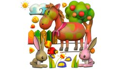 3D illustration Horse Hare Rabbit Ladybird Wood scene, fence, insect, rabbit, image, grass, toon, kid, bug, children, composition, bow, mammal, cloud, sun, farm, picture, personage, hare, ladybird, illustration, coloring, multicolor, idle, animals-cute, animal-cartoon, cartoon, game, horse, stone, animal, wood, animated, funny, black, rigged, skin, homeanimal, cloven-hoofed, "parropod", "bug_insect", "applewood"
