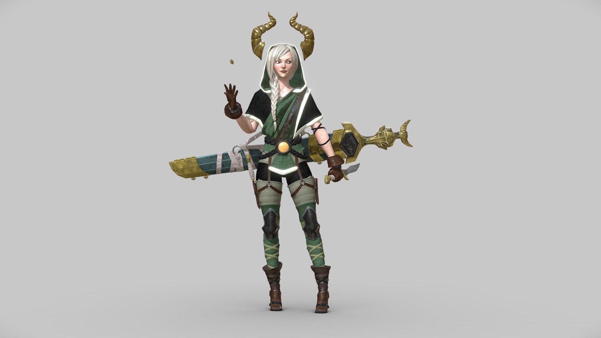 Done for an artstation contest “Forgotten realms” category “film/vfx character art (rendered)” i’ve used a concept art done by Margaux Doury called “The thief”.

My interpretation of the concept was that she is some kind of dragon slayer, she “steals” things form them like the horns, eyes, theet, etc… things to make or sell magical stuff… and she uses that big sword as a main attack weapon and the knives to cut stuff from the corpse… - The Thief - 3D model by bandinopla (@pablobandinopla) 3d model