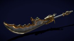 Guandao Staff Weapon horns, beast, staff, mythology, weaponry, naginata, polearm, golden, guandao, fantasyweapon, guanyu, weapon, gameart, gameasset, fantasy, dragon, blade, gold, chineseweapons, poleweapon
