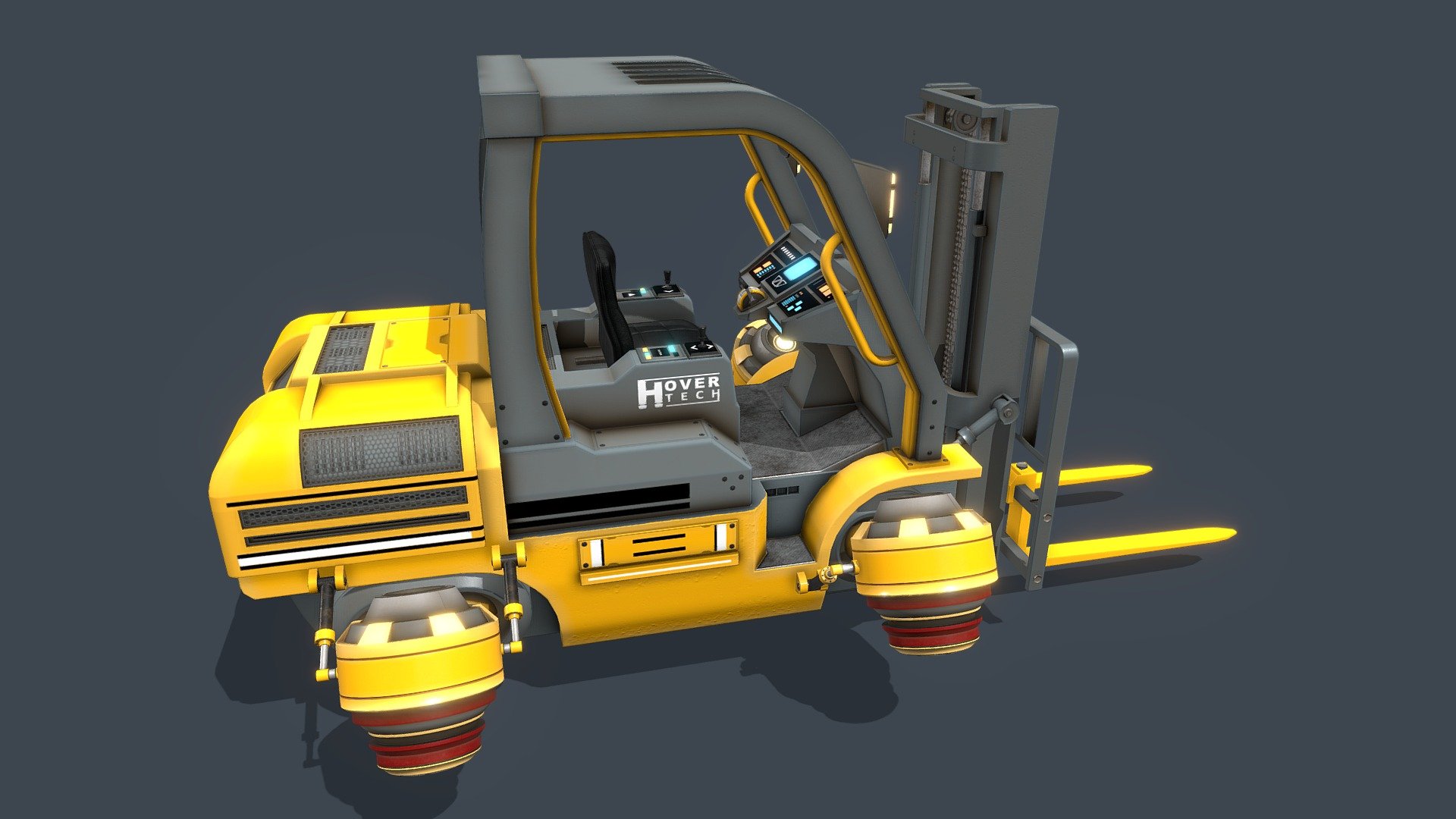 Got to move those crates? Wheels and tracks not good enough for ya? Well then, Hover Tech introduces their Hover Forklift for all your crate moving needs!

Model is 3 unwraps.  Some emissives are seperate layers just for sketchfab but use the same unwrap.    4096 textures.  

Hydrolic sections will extend and are long enough to allow this. For anyone wishing to set this model up to be animated, or practice animation using this model.

This is my own design and based on no one else's. Apart from the fact the front was modelled from a forklift....  ©PhilGilbert 2019

DO NOT RESELL or claim it as your own. You can use it in a project if I am named.

Please make sure to download additional file in the download links for 2 versions of the model. Triangulated or Quads 3d model