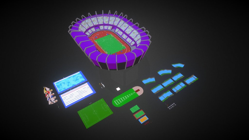 Olympic sport package contains 170 models and 4 particle sets ! (confetti, fireworks, sparks – You name it). All assets are stylized to low polygon style and are using one 64x64 diffuse texture (and optional 512 stadium audience texture). We offer You sets of models that cover all olimpic sports like : Gymnastics, Running, Olympic weightlifting, Triple jump, High jump, Discus throw, Javelin throw, Badminton, Whitewater kayaking, Triathlon, Basketball, Archery, Football, Handball, Volleyball, Swimming, Fencing, Tennis, Table Tennis and Sailing. Some of this assets you could seen in our previous packs : Ball games, Air&amp;Water&amp;Ice and Combat. We are sure that this assets will come handy in olympic themed game or application You are currently working on – and if something goes wrong, just conctact us via email or our facebook fan page, we will try to help you as soon as possible. Don’t forget to check out our other sport themed packages as well ! - Olimpic Games - Ultimate Sport Pack - 3D model by 1Poly 3d model