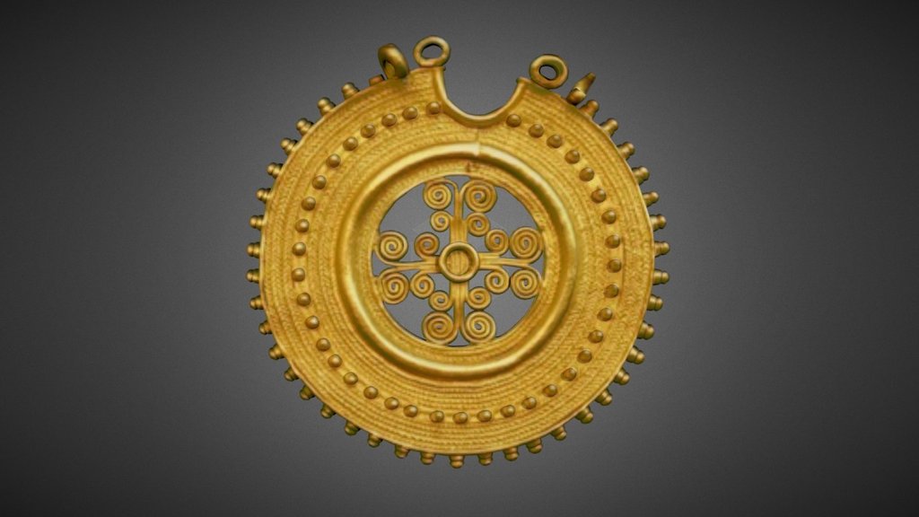 Diámetro: 37mm
Grosor: 2mm
Se trata de una arracada o pendiente circular de oro con decoración en filigranas lisas y torcidas de hilillos y granulado o pequeñas esferas soldadas; la parte central presenta decoración calada de hilos en forma de espirales y el borde o parte exterior de la pieza destaca por su decoración de crestería de cilindros rematados o coronados por esferas. La parte superior presenta una muesca semicircular rematada por tres pequeñas anillas de suspensión.
Esta pieza fue hallada casualmente por unos labradores en 1966 en un bancal de la partida de la Condomina, en Villena (Alicante); se trata pues, de un hallazgo aislado y sin contexto arqueológico. 
Por el tipo de decoración, sobre todo en relación a la crestería de cilindros, los especialistas datan esta pieza en la segunda mitad del S.VI a.c. y por tanto, se encuadraría dentro de la Cultura Ibérica
Actualmente se encuentra en el Museo Arqueológico Jose María Soler de la ciudad de Villena.
Modelo realizado con Blender 3d model