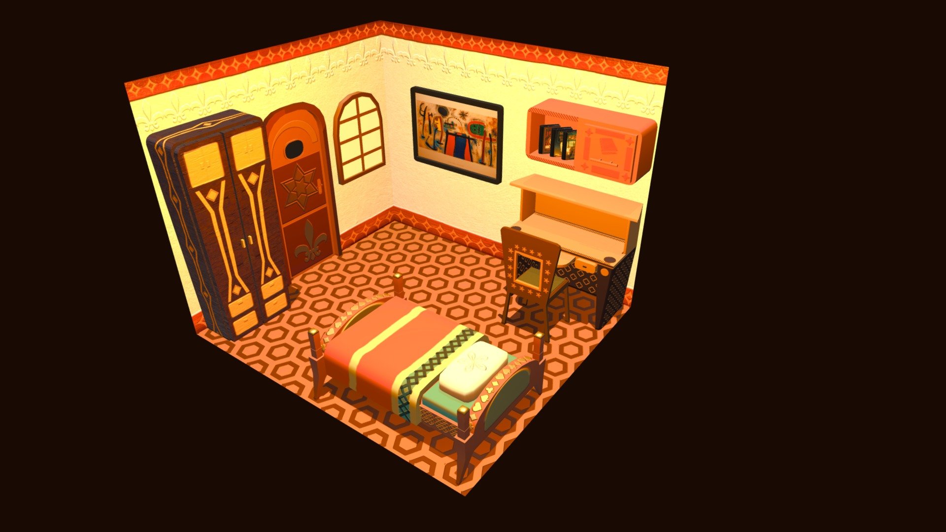 This room was made in cartoon style. As you can see I didn't used real proportions. I exaggerated in the proportions of the geometry's shape, the cartoon style is basically abstract shapes with saturated colors 3d model